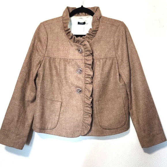 J. Crew Jackets & Blazers - J. Crew Fiona Wool Ruffled Tan Herringbone Blazer Jacket Size 8